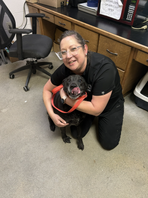 Hattie with a shelter employee