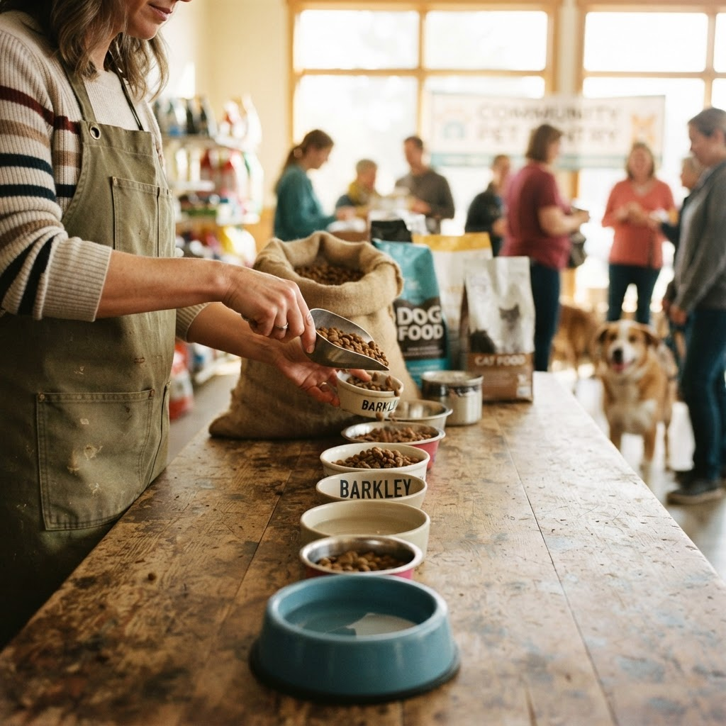 Volunteer hands filling a row of pet food bowls in a bright community space
