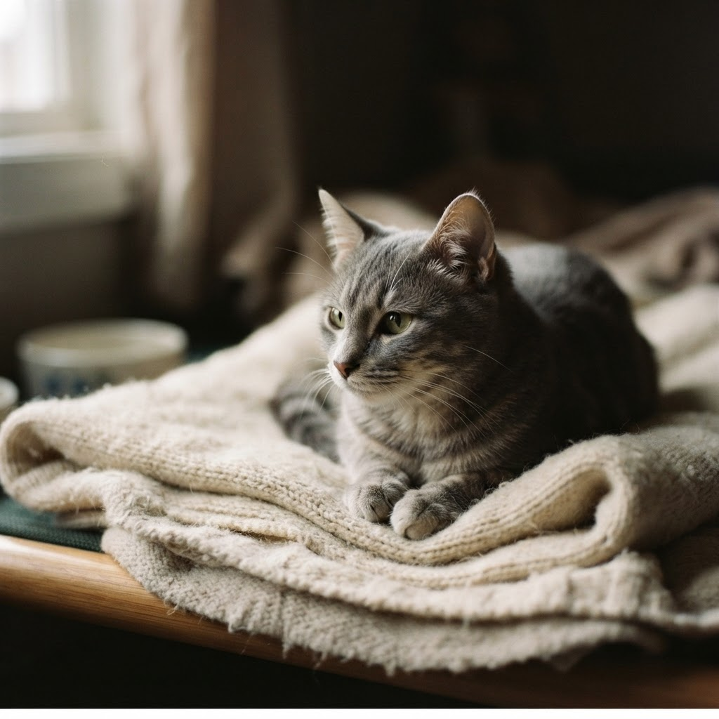 Luna, a gray cat with watchful eyes