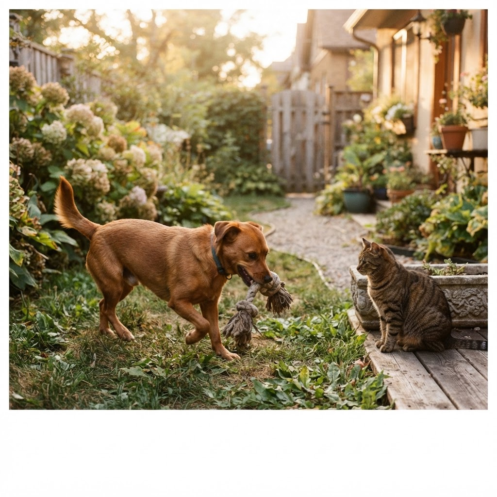 Milo playing in a backyard with his foster sibling cat
