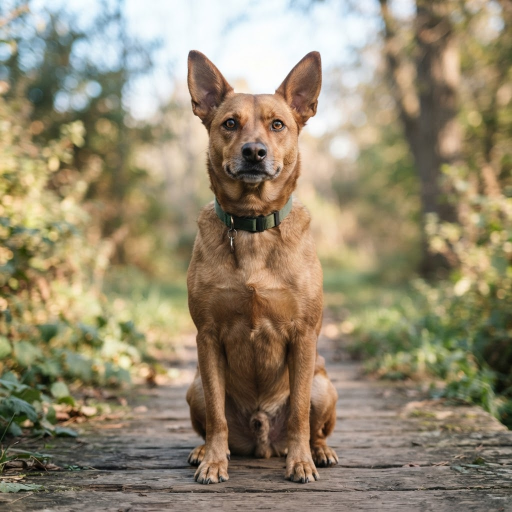 Portrait of Milo, a brown dog with a gentle expression