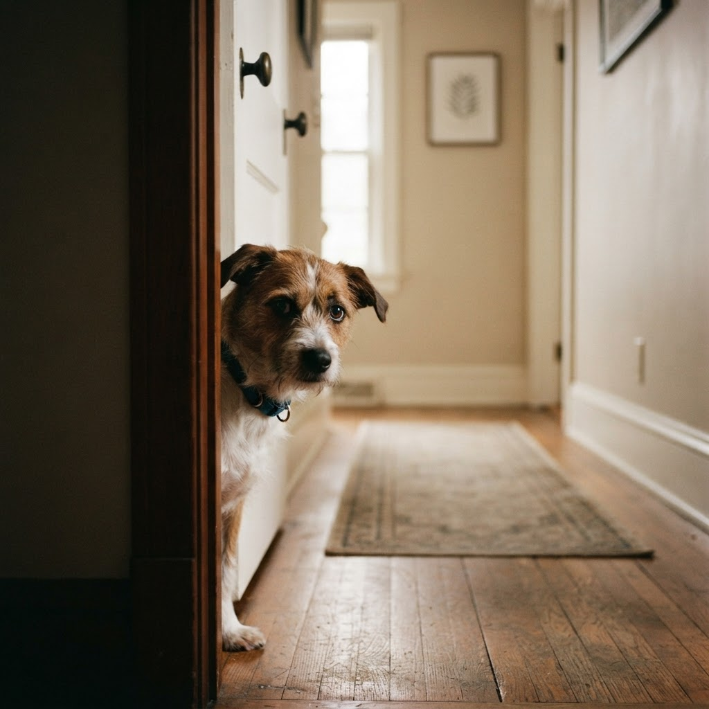 Scout, a brown-and-white dog with a soft, watchful expression